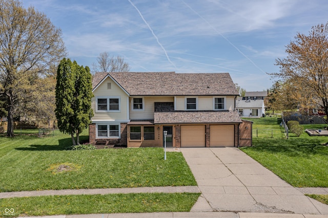 traditional-style house featuring fence, an attached garage, a front lawn, brick siding, and driveway