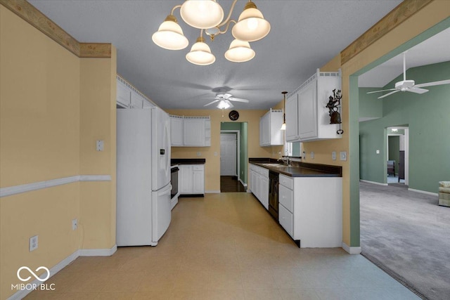 kitchen with white cabinetry, light colored carpet, white refrigerator with ice dispenser, and sink