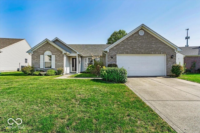 ranch-style house with a front yard and a garage