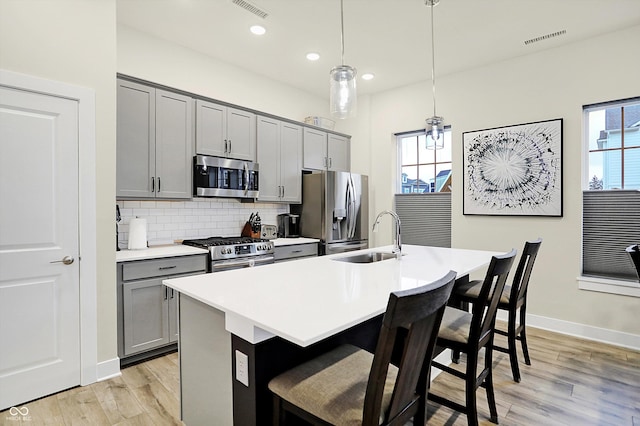 kitchen with gray cabinets, an island with sink, decorative light fixtures, and appliances with stainless steel finishes