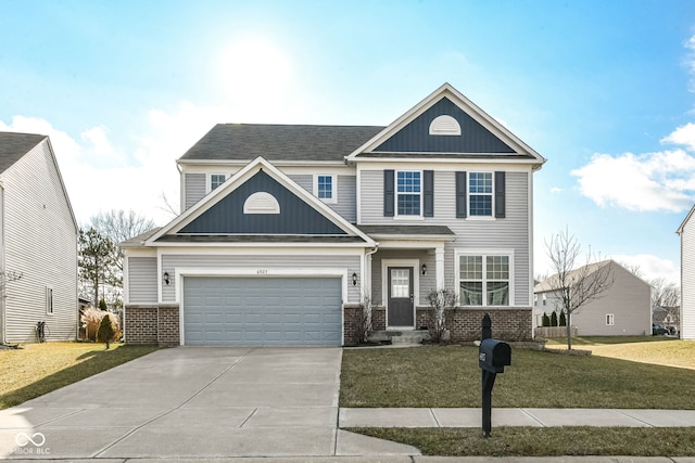 6927 Park Grove Blvd, Whitestown, IN 46075 - view of front facade with brick siding, concrete driveway, board and batten siding, and a front lawn