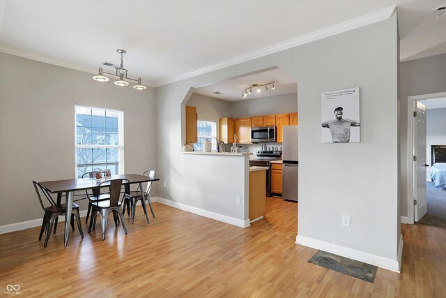 dining room featuring ornamental molding, a wealth of natural light, and light hardwood / wood-style flooring