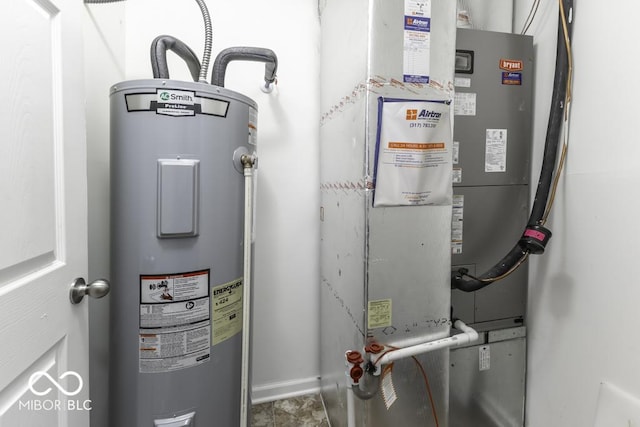 utility room with electric water heater and heating unit