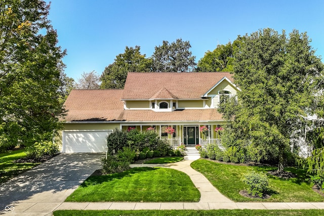 view of front facade with a front yard, a porch, and a garage