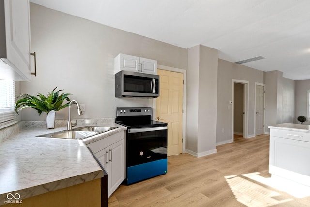 kitchen featuring electric range, white cabinetry, sink, and light hardwood / wood-style flooring