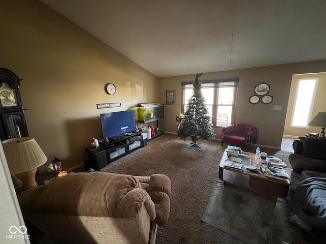 living room with carpet flooring and lofted ceiling