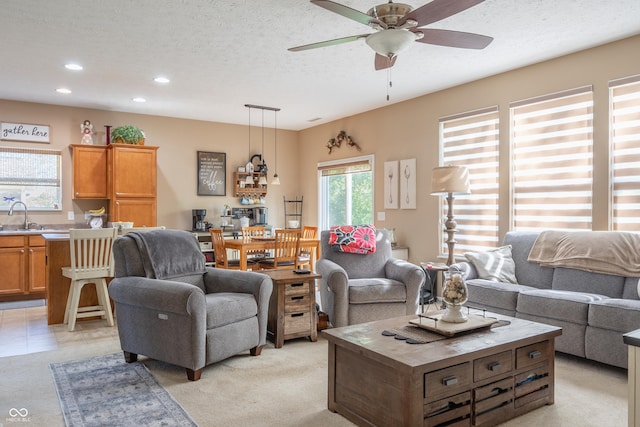 carpeted living room with ceiling fan, sink, and a textured ceiling