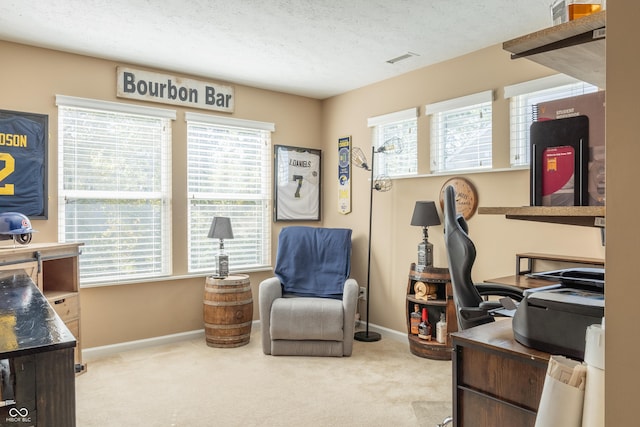 home office featuring carpet floors and a textured ceiling