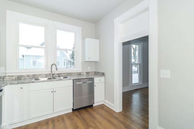 kitchen with light stone countertops, dark hardwood / wood-style flooring, white cabinets, sink, and dishwasher