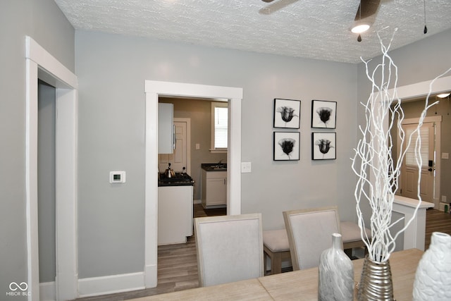 dining area featuring hardwood / wood-style flooring, sink, and a textured ceiling