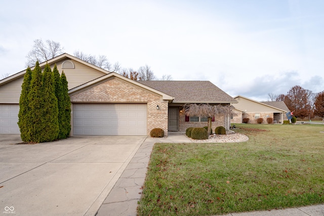 single story home with a front yard and a garage