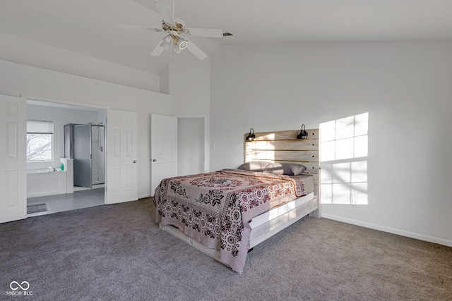 bedroom with ceiling fan, carpet floors, and high vaulted ceiling