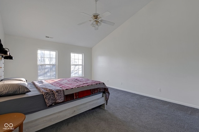 carpeted bedroom featuring ceiling fan and high vaulted ceiling