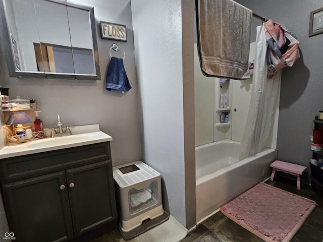 bathroom with shower / bath combination with curtain and vanity