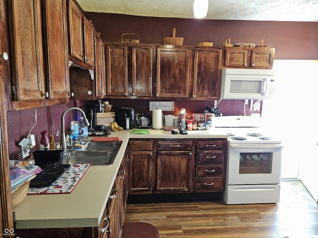 kitchen featuring stove, sink, hardwood / wood-style floors, and dark brown cabinetry