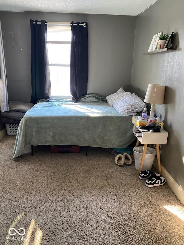 bedroom featuring carpet floors and a textured ceiling