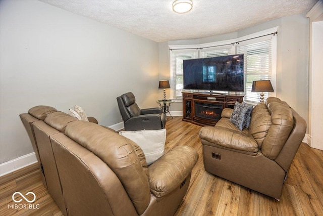 living room featuring a fireplace, hardwood / wood-style floors, and a textured ceiling