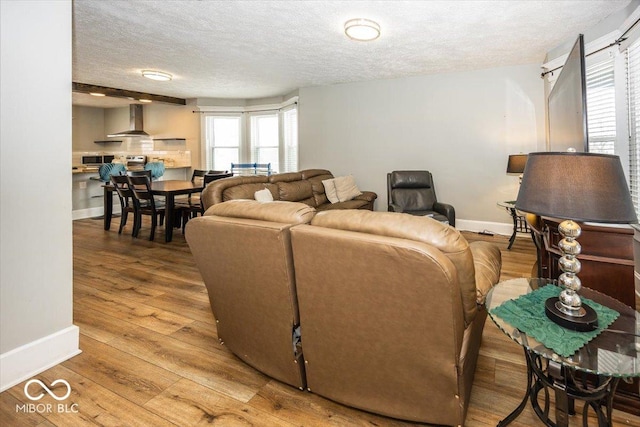 living room featuring wood-type flooring and a textured ceiling