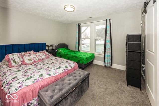 bedroom featuring carpet flooring and a textured ceiling