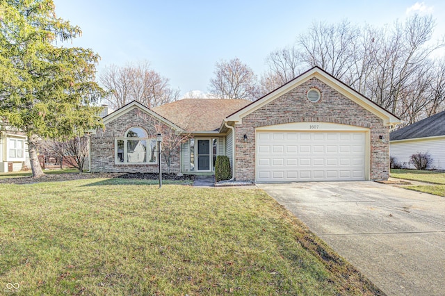 ranch-style home with a garage and a front lawn