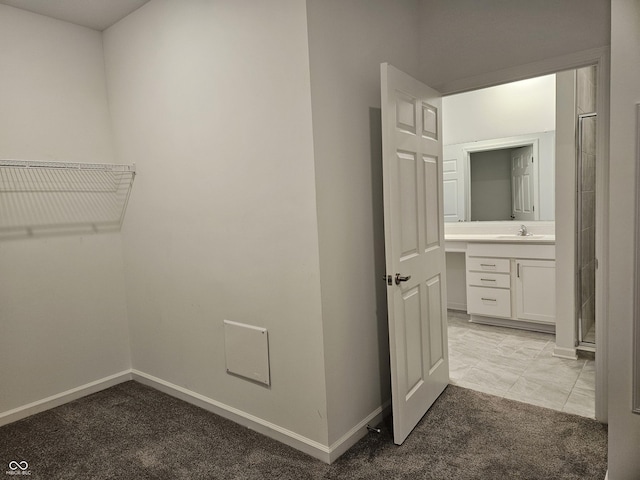 spacious closet featuring light colored carpet and sink