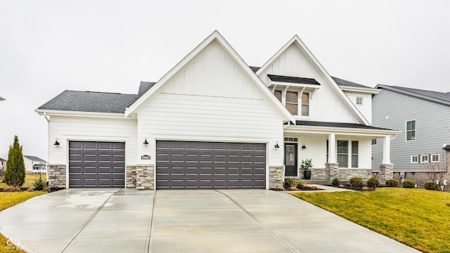 modern farmhouse style home with a front lawn