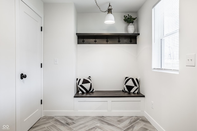 mudroom with light parquet flooring