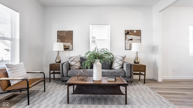 sitting room featuring hardwood / wood-style floors and a healthy amount of sunlight