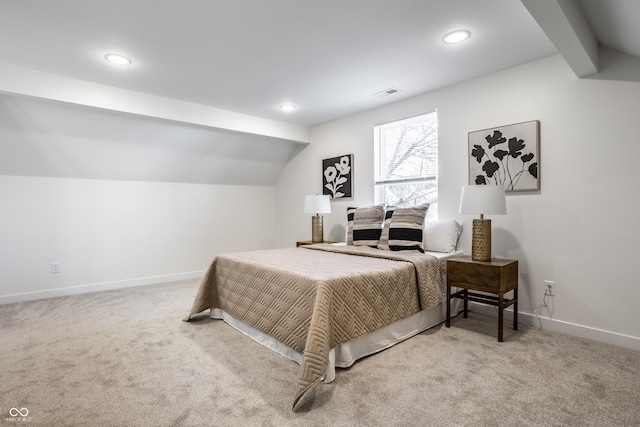 bedroom with carpet and lofted ceiling with beams