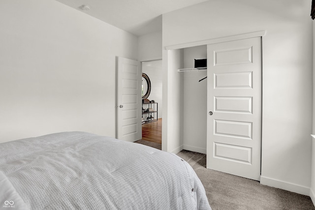 bedroom with carpet flooring and a closet