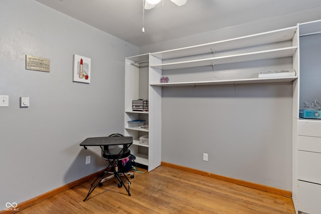 home office with ceiling fan and light wood-type flooring