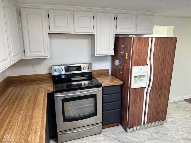 kitchen with electric stove, white cabinetry, and refrigerator with ice dispenser