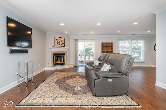 living room featuring dark hardwood / wood-style floors and crown molding