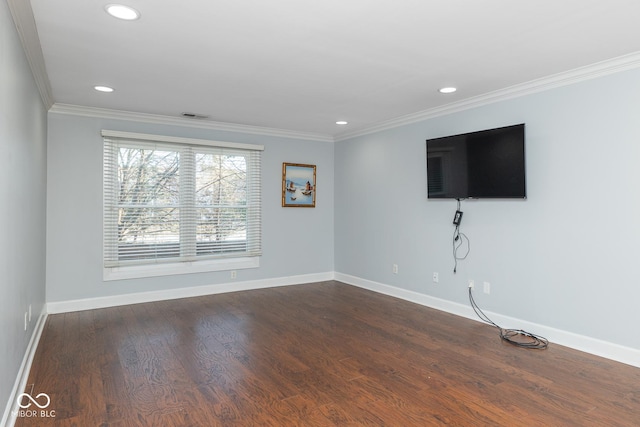 unfurnished living room featuring crown molding and dark hardwood / wood-style flooring