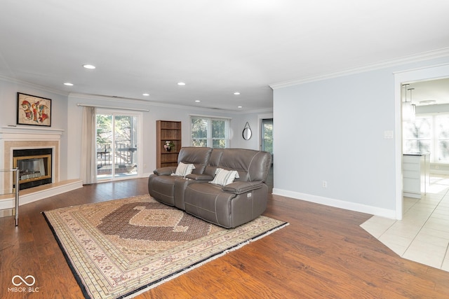 living room featuring wood-type flooring and ornamental molding