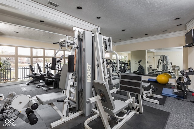 gym featuring ornamental molding and a textured ceiling