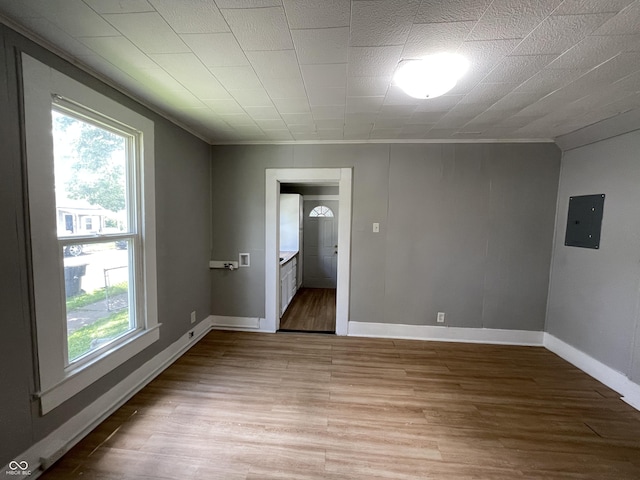 empty room with light wood-type flooring and electric panel