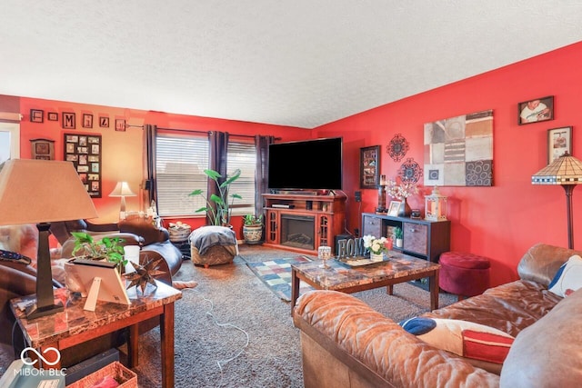 living room featuring carpet floors and a textured ceiling