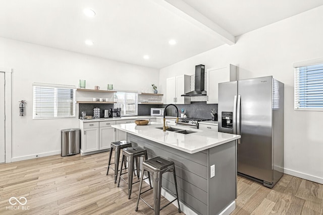 kitchen with wall chimney exhaust hood, a breakfast bar, stainless steel appliances, a kitchen island with sink, and white cabinetry