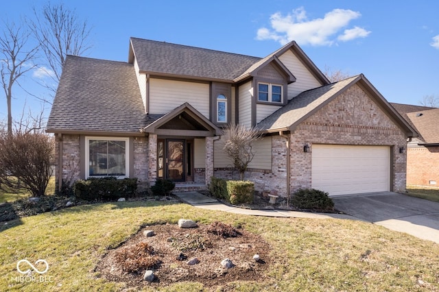 view of front facade featuring brick siding, roof with shingles, a front yard, a garage, and driveway