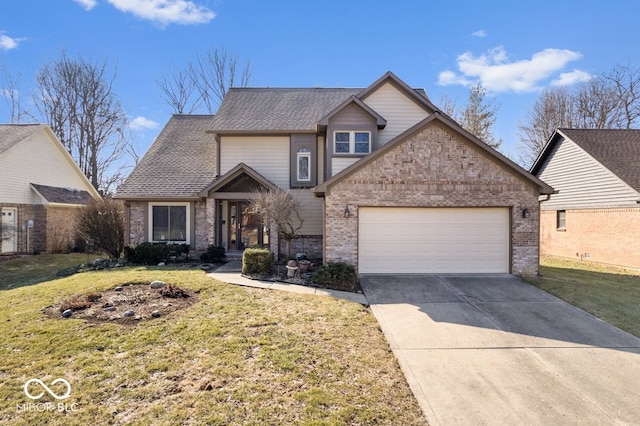 traditional-style house with an attached garage, brick siding, concrete driveway, and a front yard