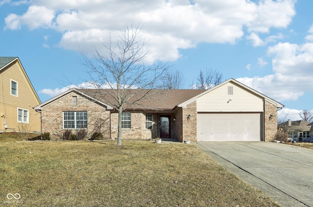 ranch-style home featuring a garage and a front lawn