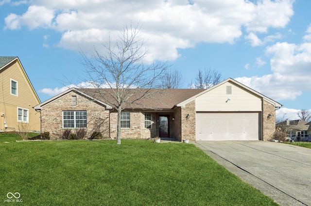 ranch-style house with a garage and a front yard