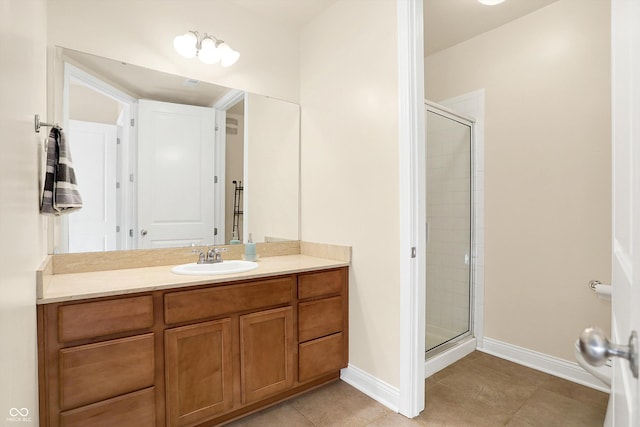 bathroom with tile patterned floors, vanity, and a shower with door