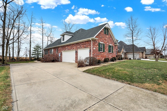 view of home's exterior featuring a garage and a lawn