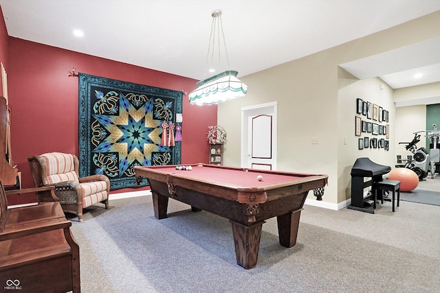 game room featuring carpet flooring and pool table