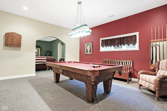 rec room with light carpet and pool table