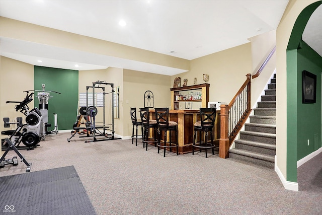 1398 Penny Ln, Greenfield, IN 46140 - workout room featuring a dry bar, carpet flooring, and recessed lighting
