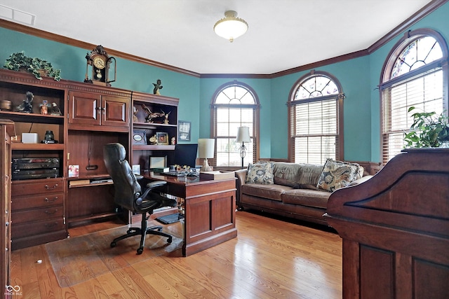 office featuring ornamental molding and light hardwood / wood-style flooring