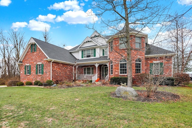 view of front of home featuring covered porch and a front lawn